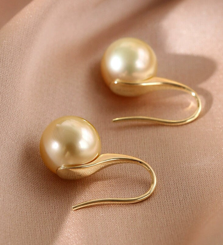 10-12mm South Sea Golden Pearl 18K Gold Hook Earrings