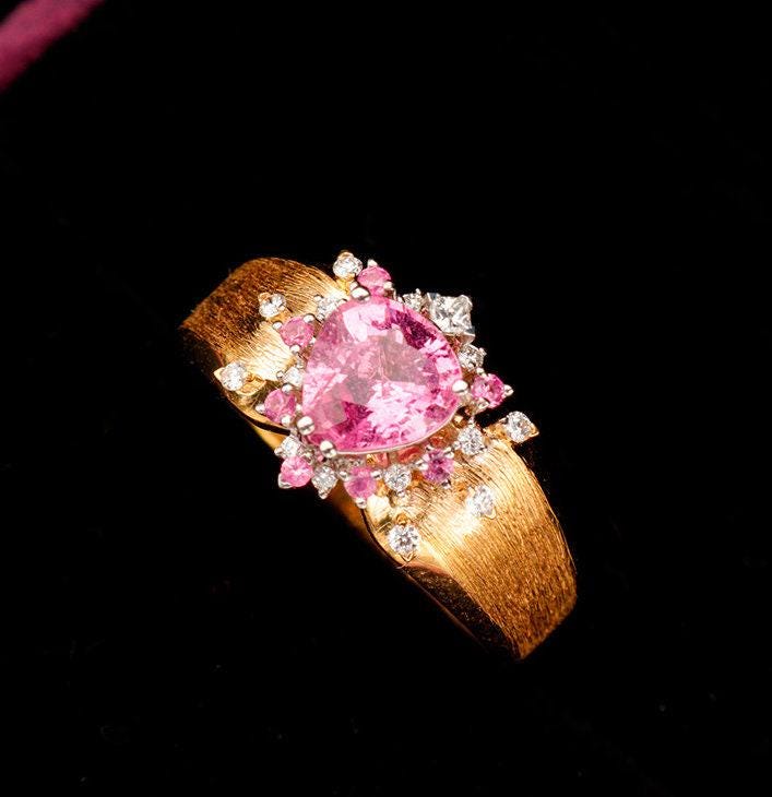 Trilliant Padparadscha Sapphire 18K Brusheded Ring with Diamonds