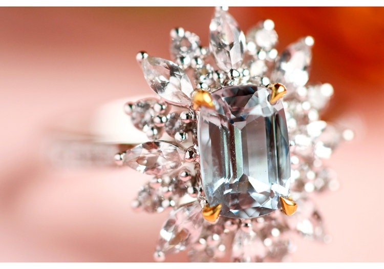 Blue Grey Spinel Rectangle & Diamond Proposal Ring - 18K Gold