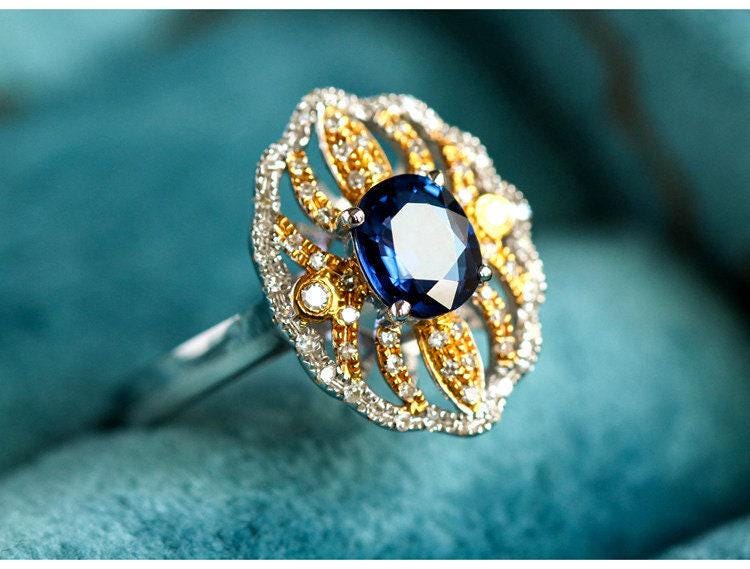 Blue Sapphire 18K Gold Free Form Ring with Diamonds