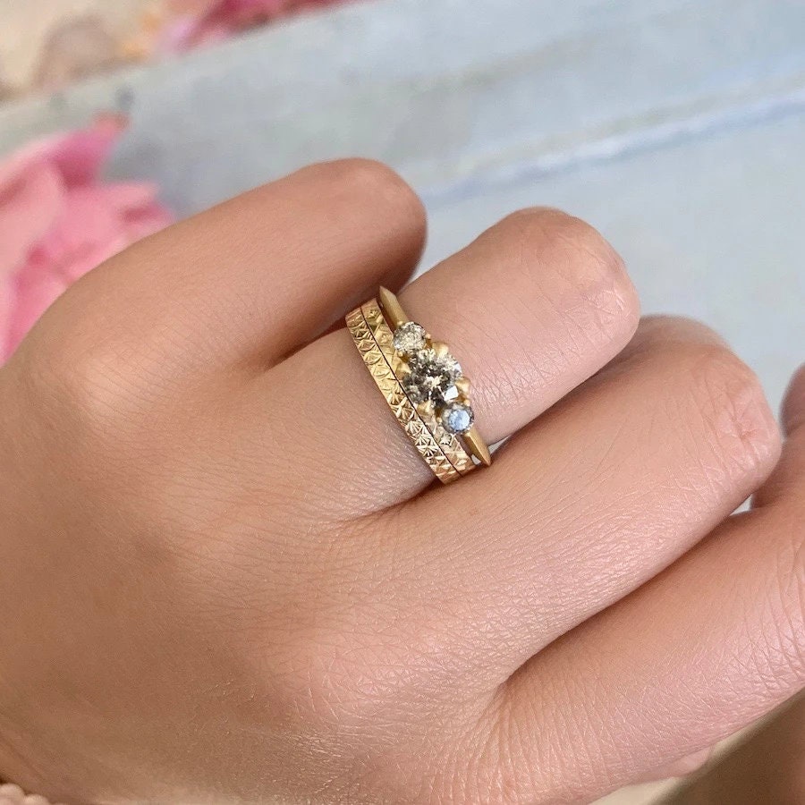 Three Stone Salt & Pepper Diamond Horizontal Stone 18K Gold Engagement Ring