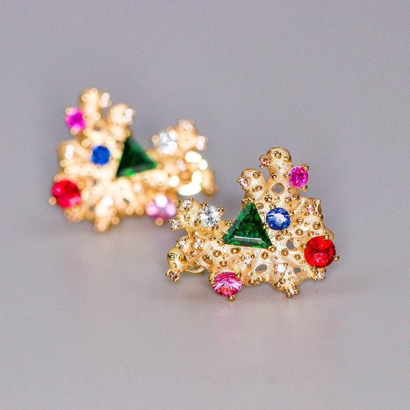 Tsavorite & Colorful Sapphire Earrings - 18K Yellow Gold