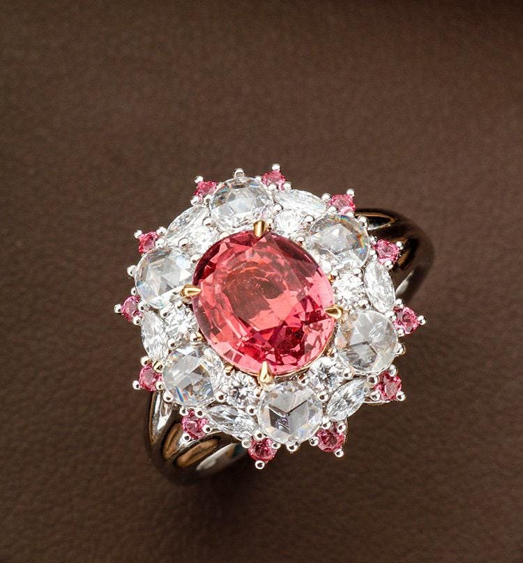 2ct Padparadscha Sapphire 18K Gold Cluster Diamonds Ring