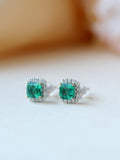 Emerald Studs Halo Diamonds Earrings in Platinum 950