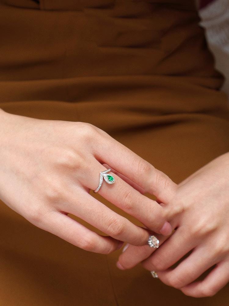 Emerald Teardrop Chevron Stackable Ring in Platinum 950