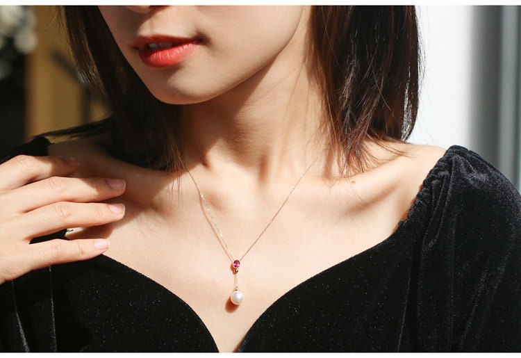 Red Tourmaline & 8mm Akoya Pearl Necklace - 18K Yellow Gold