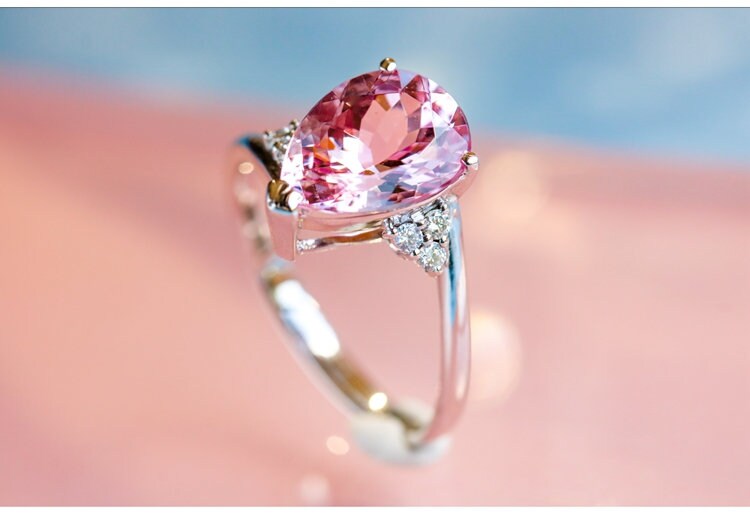 Pink Morganite Teardrop Shape Ring in 18K White Gold