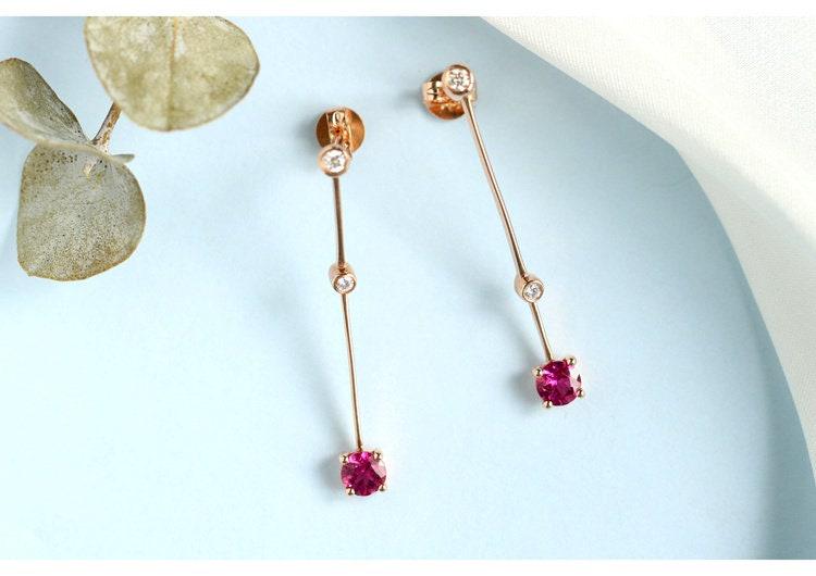 Red Tourmaline Diamond Earrings - 18K Yellow Gold Drop Earrings