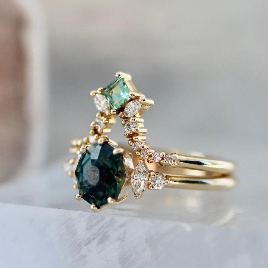 Rituals Geo Cut Teal Green Sapphire & Diamond Ring - 18K Yellow Gold