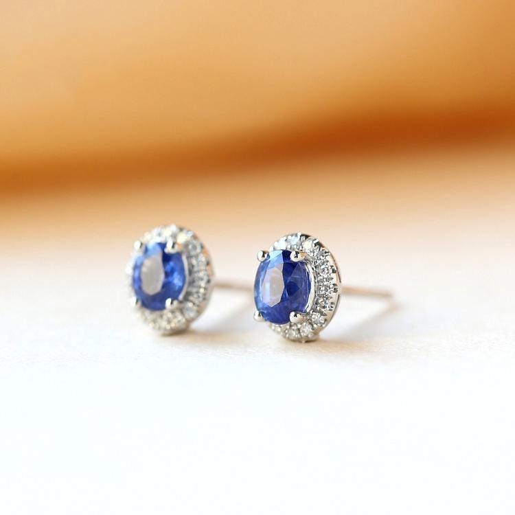Blue Sapphire & Halo Diamonds Stud Earrings - 18K White Gold