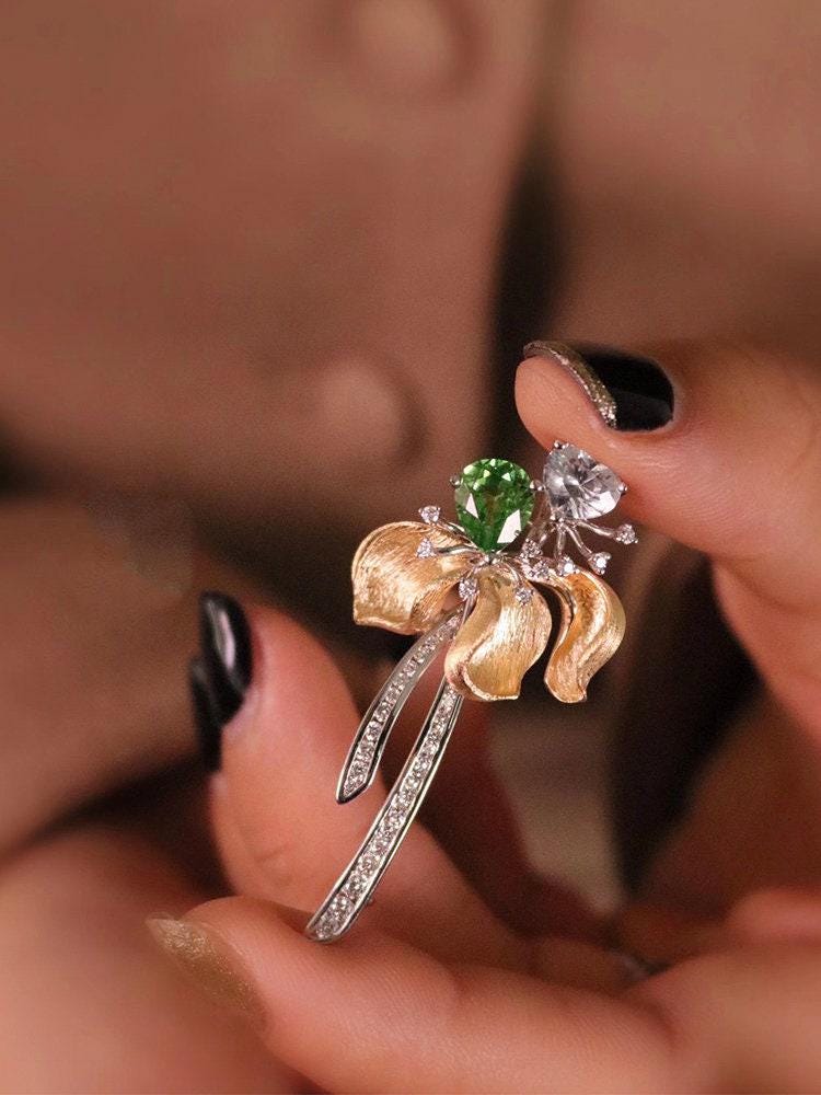 Tsavorite & Diamond Flower Brooch, 18K Two Tone Gold