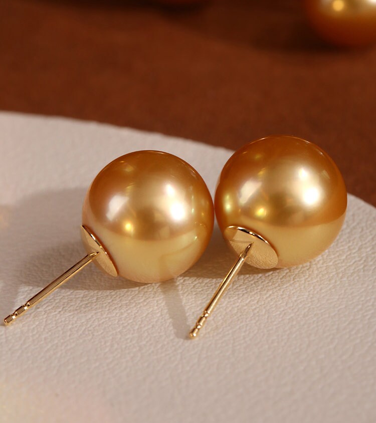 10-15mm Lustrous South Sea Golden Pearl Studs in 18K Gold
