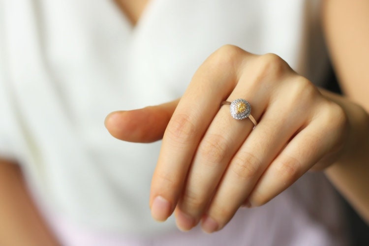 Fancy Yellow Diamonds Double Halo Teardrop Ring - 18K Yellow Gold