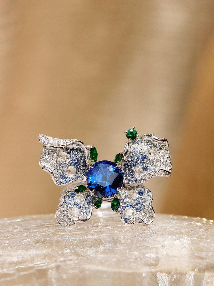 1.96ct Blue Sapphire Butterfly Ring with Diamonds in 18K Gold