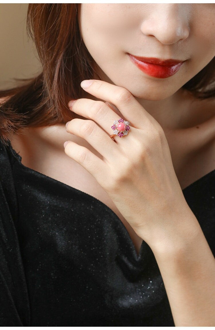 7mm Pink Coral Sphere & Diamond Ring in 18K Yellow Gold