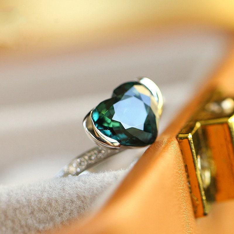 1.7ct Heart-Shaped Teal Sapphire & Diamonds 18K White Gold Ring