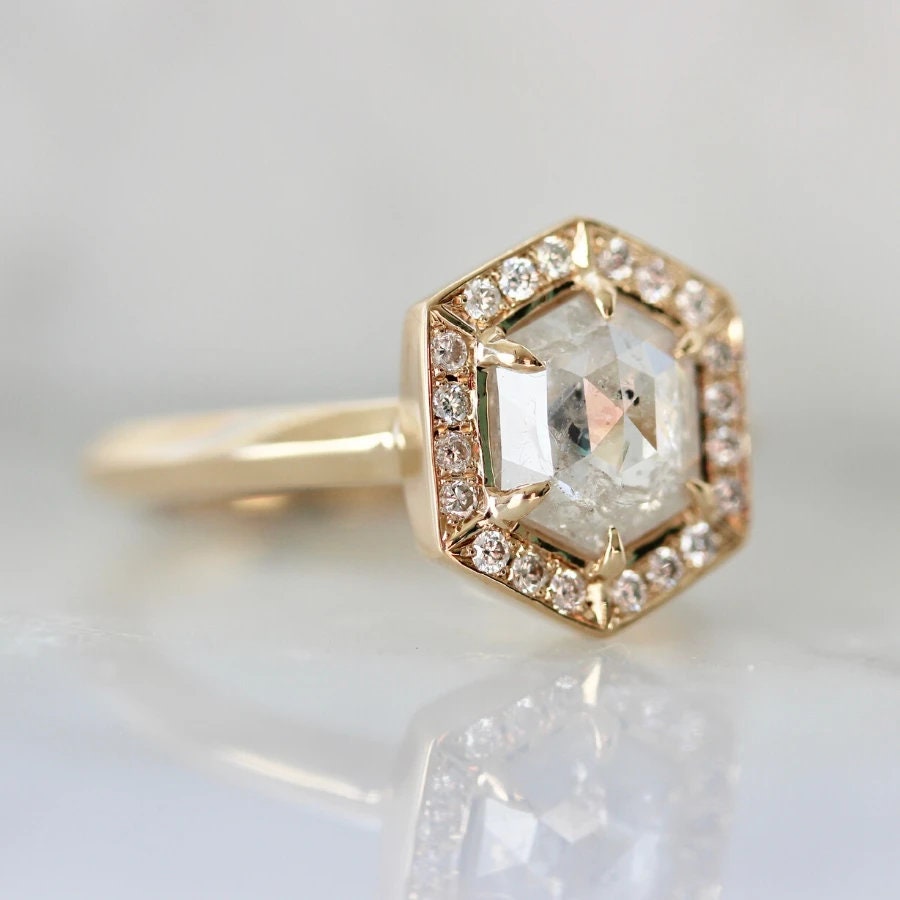 Hexagonal Salt & Pepper Milky Diamond Ring in 18K Yellow Gold
