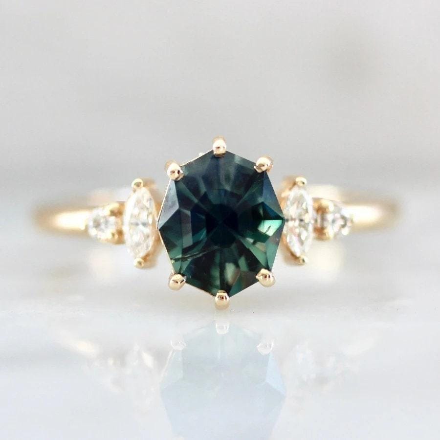 Rituals Geo Cut Teal Green Sapphire & Diamond Ring - 18K Yellow Gold