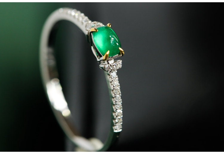 Emerald Oval Cabochon & Diamond Ring in 18K White Gold