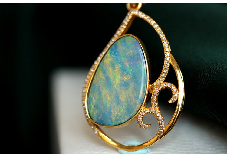 Blue Opal Diamond Mermaid Pendant - 18K Yellow Gold