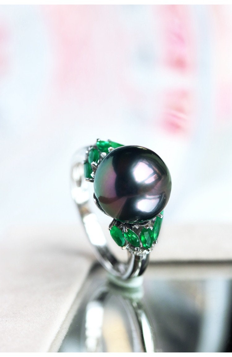 11mm Tahitian Pearl & Marquise Emerald Ring in 18K White Gold
