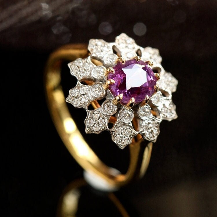 Flower Design Purple Spinel & Diamond Ring - 18K Yellow Gold