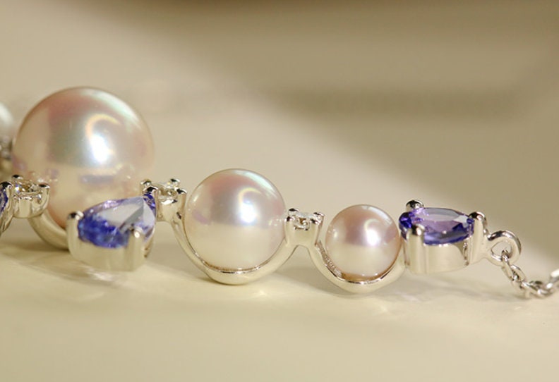 Blue Tanzanite & Akoya Pearl Cluster Necklace - 18K White Gold