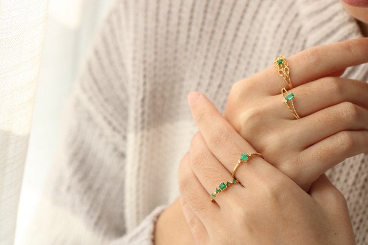 Five Square Cut Emerald Stackable Ring in 18K Yellow Gold