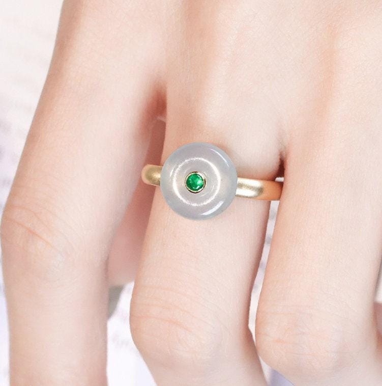 Oriental Jade & Emerald Accent 18K Yellow Gold Engraved Ring