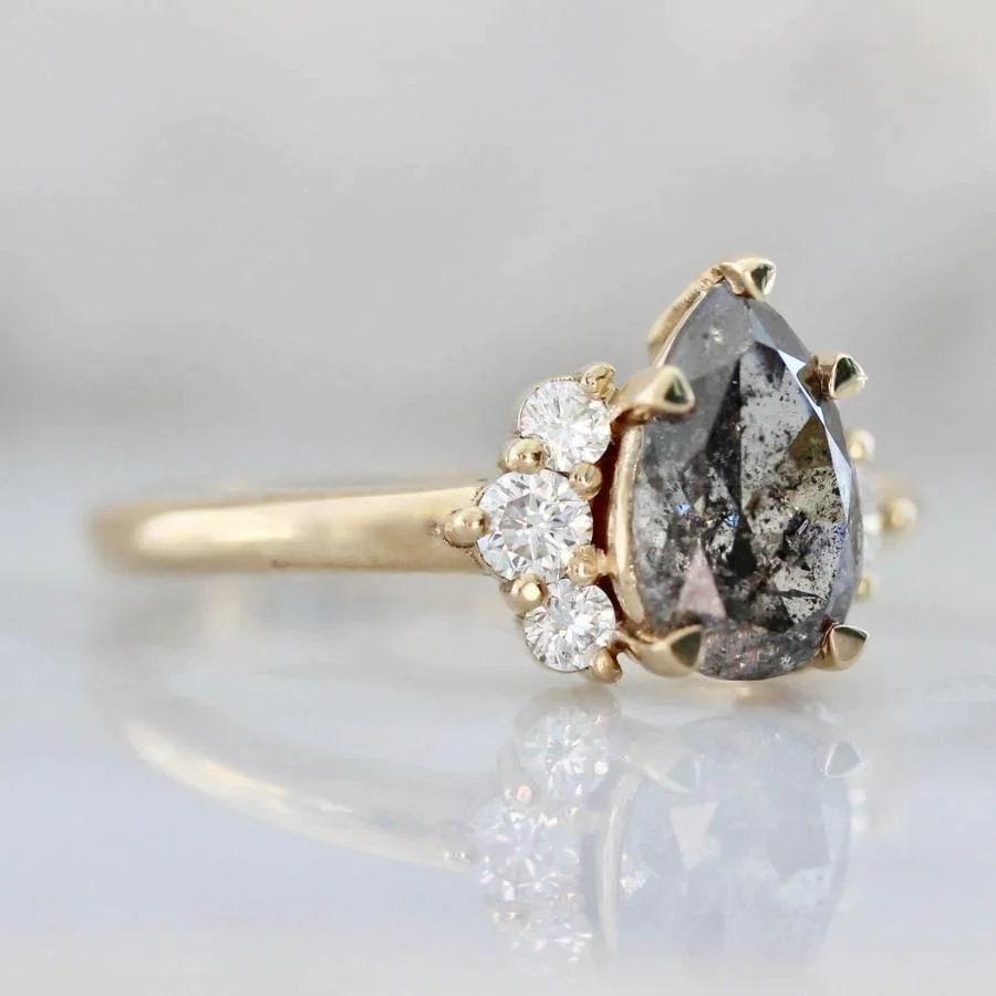 1.55ct Pear Cut Salt & Pepper Diamond Ring - 18K Yellow Gold