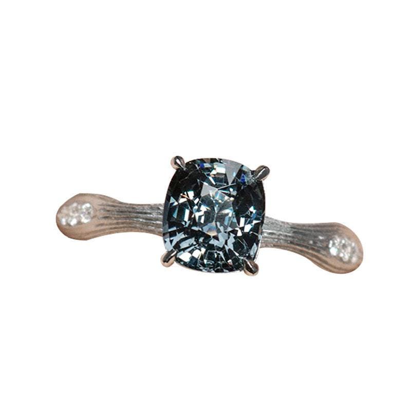 Blue Grey Spinel 18K White Gold Engraved Ring