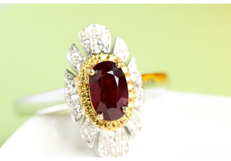 Vivid Red Ruby Oval & Diamond Ring - 18K Two Tone Gold