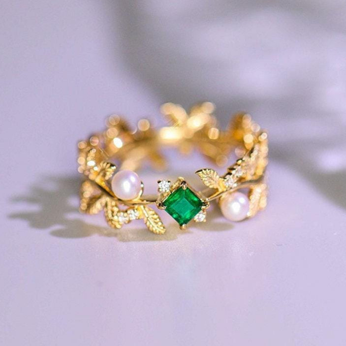 Emerald & Seawater Pearl Ring in 18K Yellow Gold