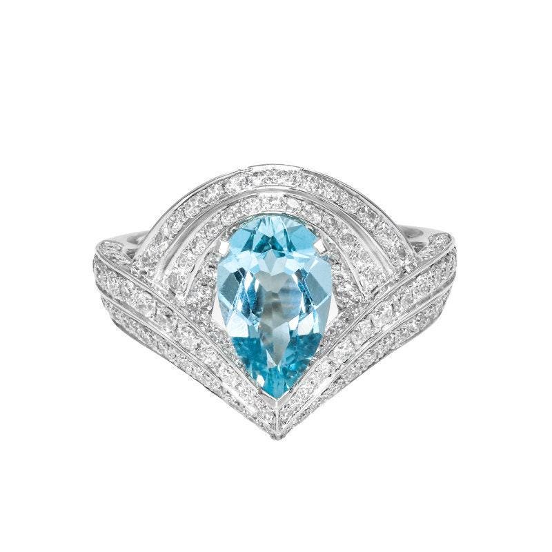 Aquamarine Diamond Wedding Chevron Desing Ring - Platinum 950