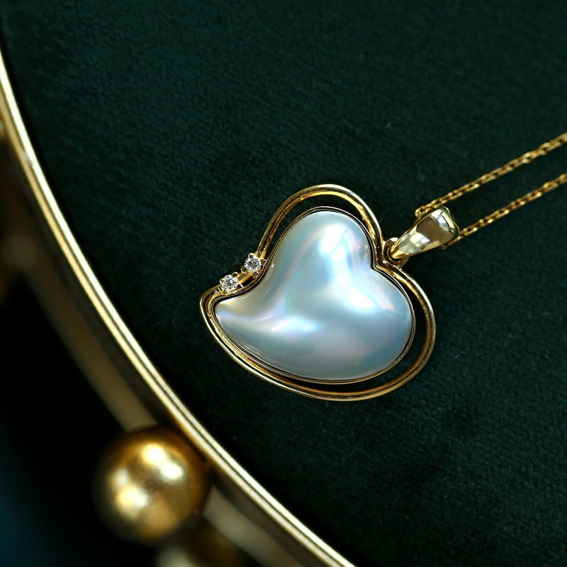 Heart Shape Japan Mabe Pearls & Diamond Pendant - 18K Yellow Gold