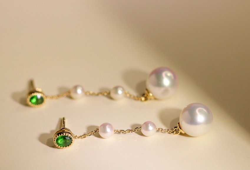 Tsavorite & 7.5mm Akoya Pearl Earrings - 18K Yellow Gold