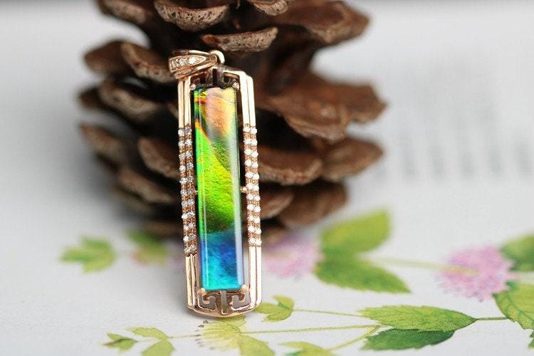 25x5mm Ammolite & Halo Diamond Pendant in 18K Yellow Gold