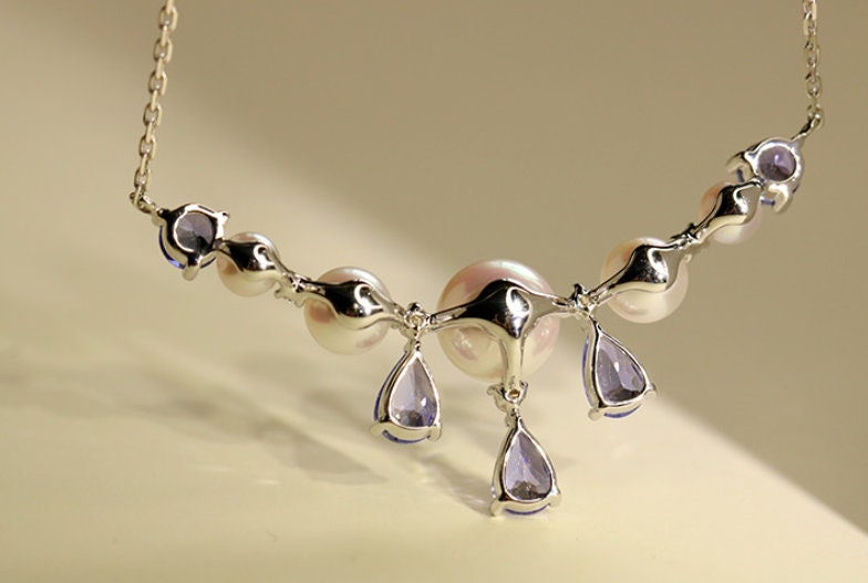 Blue Tanzanite & Akoya Pearl Cluster Necklace - 18K White Gold