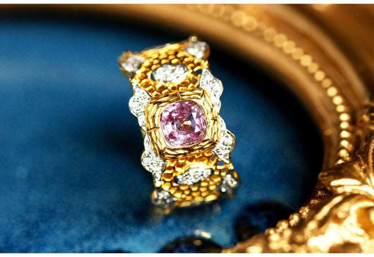 Purple Sapphire Diamond 18K Gold Honeycomb Detailing