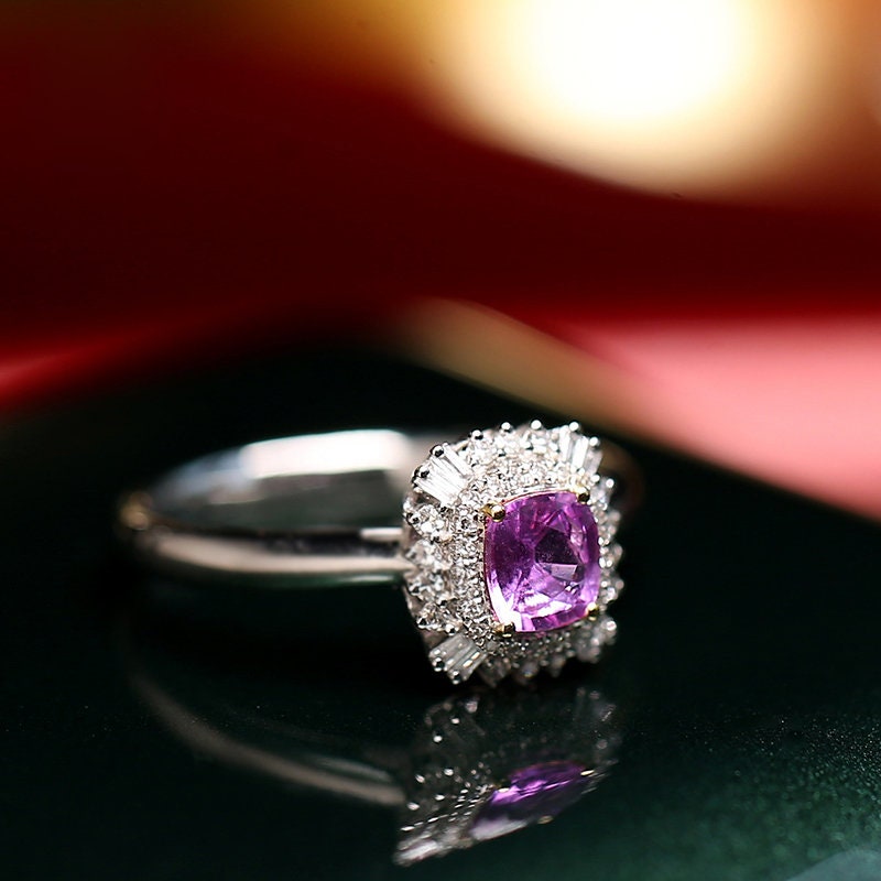 Double Halo Purple Spinel 18K Ring Set with Diamond