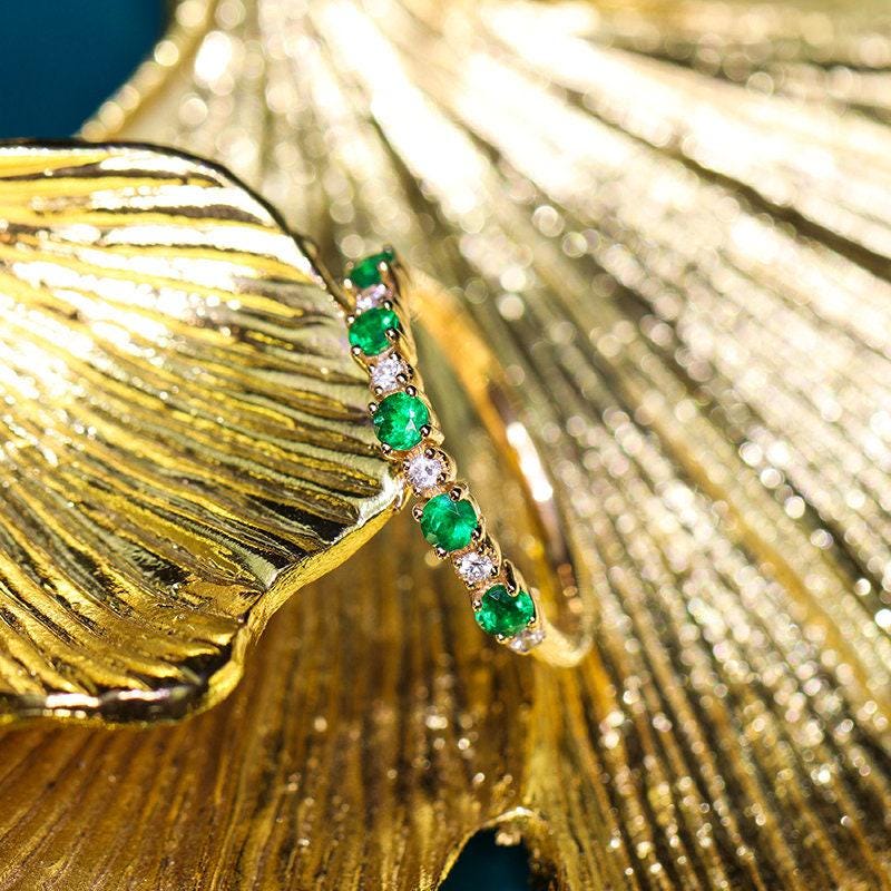 Five Emerald & Diamond Stacking Ring in 18K Yellow Gold