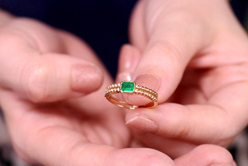 Emerald & Diamond Stackable Ring in 18K Yellow Gold