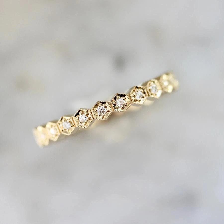 Hexagon Shaped Diamond Engraved Ring in 18K White Gold