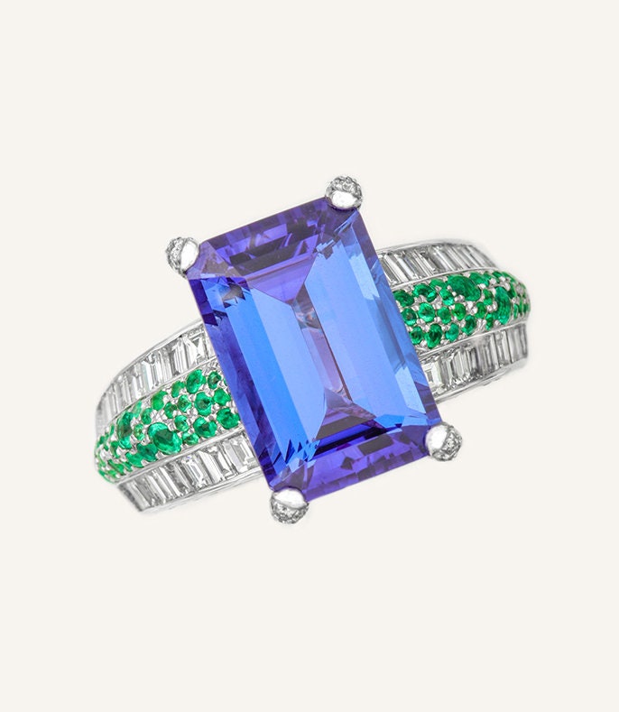 Tanzanite Sapphire Art Deco Ring - PT950 Cluster Diamond