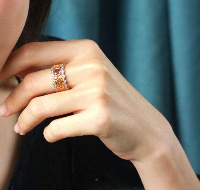Pink Sapphire & Diamonds Honeycomb Ring - 18K Two Tone Gold