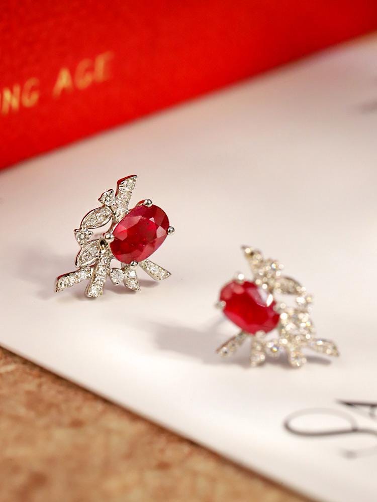Dazzling Diamond Pigeon Blood Ruby Earrings in Platinum 950