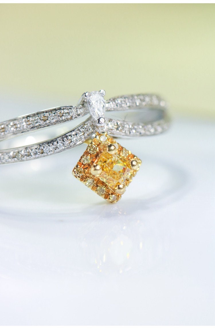 Fancy Yellow Diamonds Ring in 18K Two Tone Gold