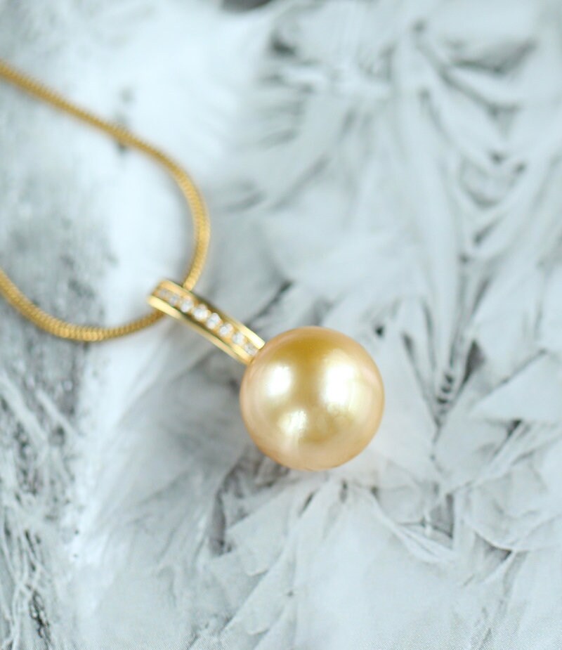 12mm Golden South Sea Pearl Necklace with Diamond in 18K Gold