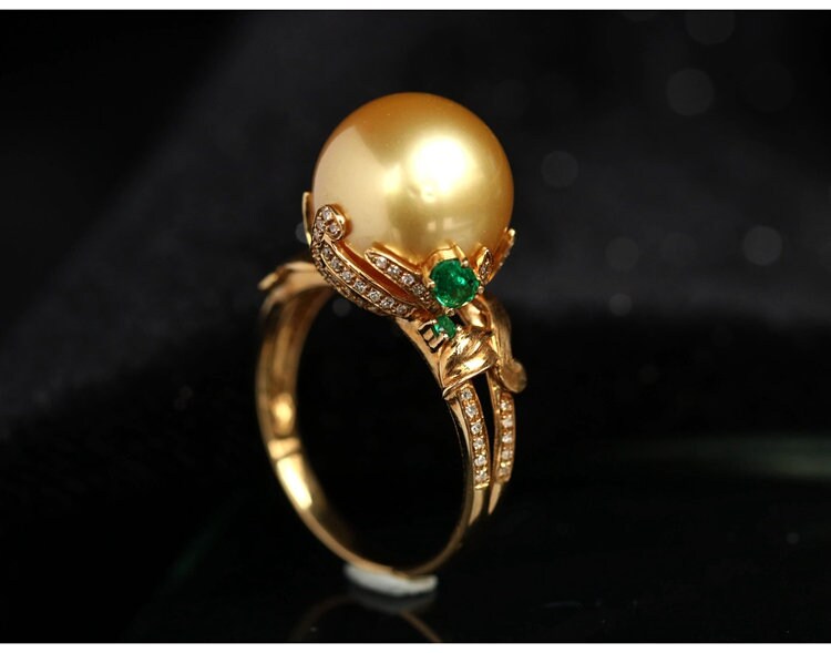 11mm Golden South Sea Pearl & Emerald Ring in 18K Yellow Gold
