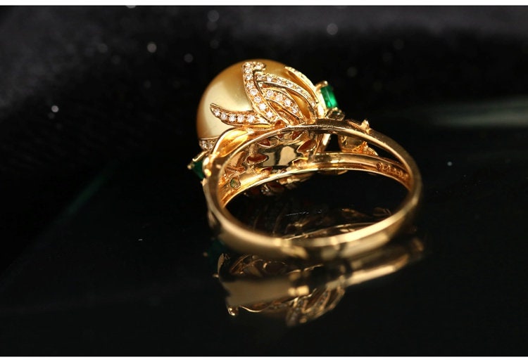 11mm Golden South Sea Pearl & Emerald Ring in 18K Yellow Gold